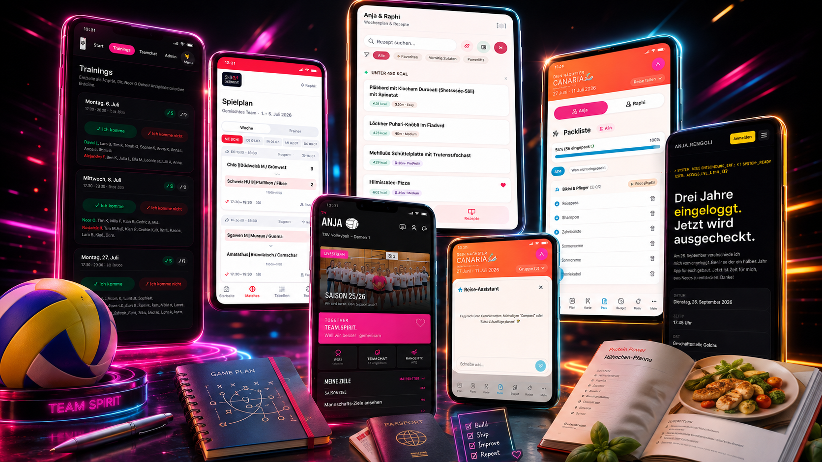 Side projects collage — volleyball team app, training planner, recipe tracker, Gran Canaria trip planner and more